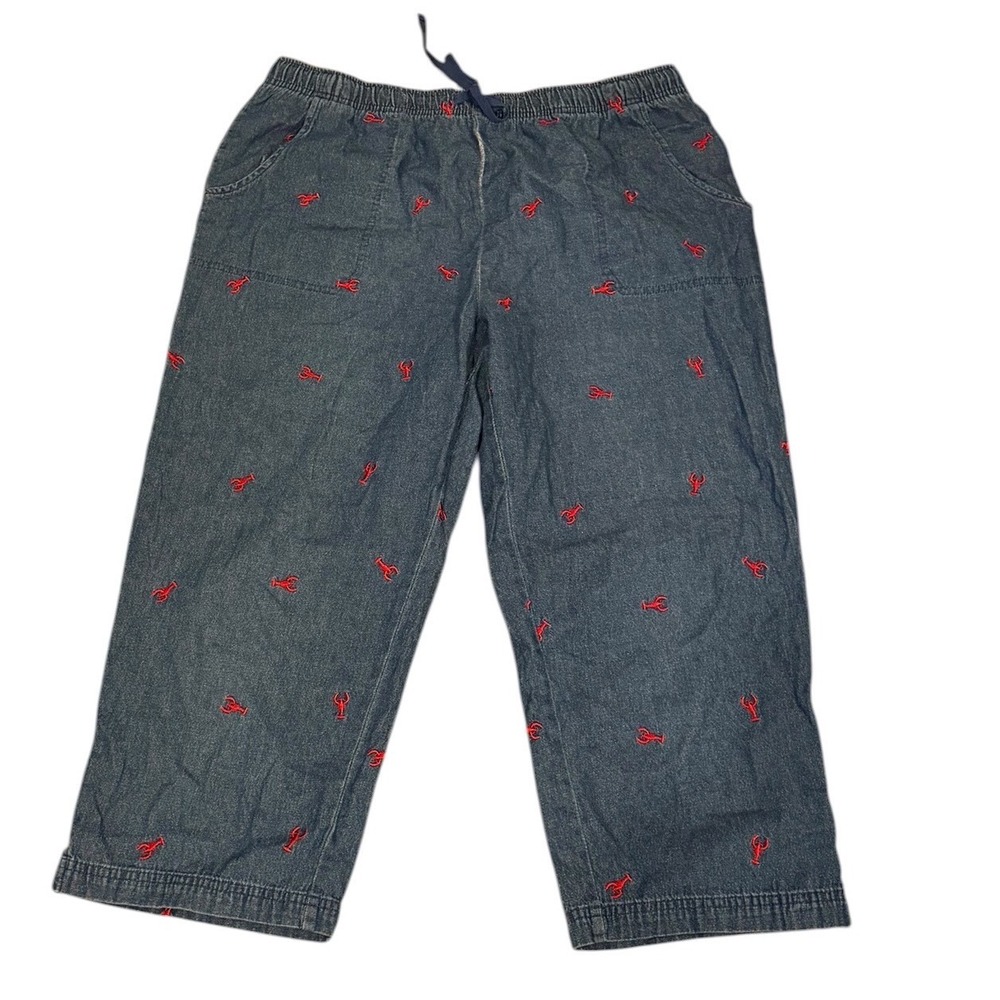 Vtg 90s Basic Editions Womens Blue Denim Lobster Embroidered Crop Capri Pants L